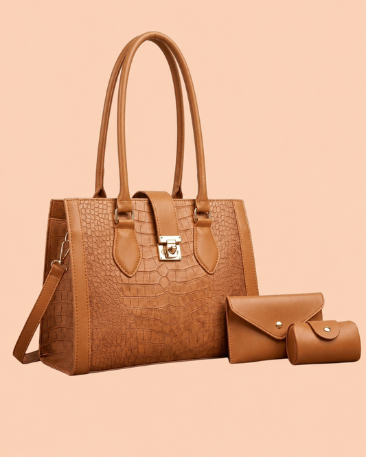 Luxury Croc Embossed Bag in Vintage Cognac Caramel