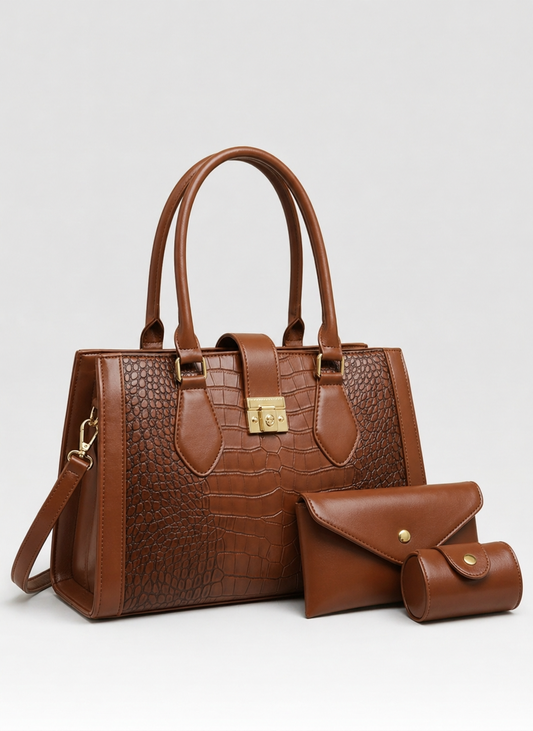 Luxury  Croc Embossed Bag in Rich Cocoa Color