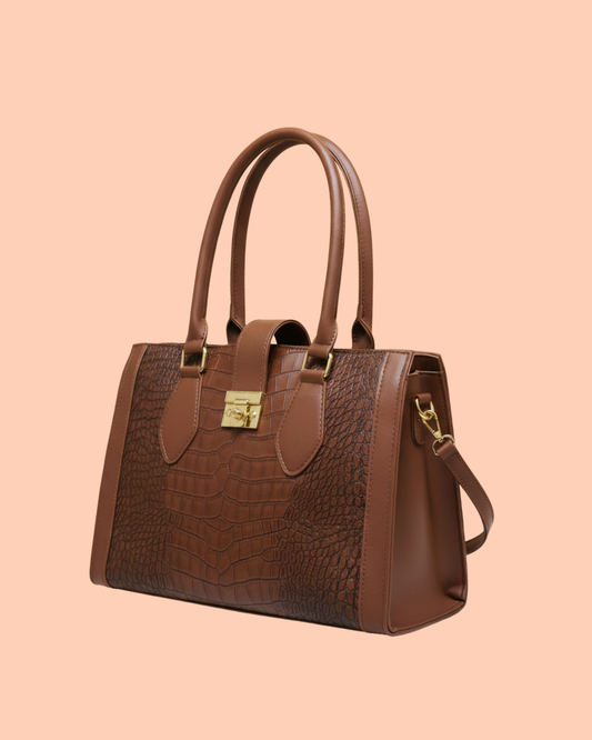 Luxuary  Croc Embossed Bag in Rich Cocoa Color