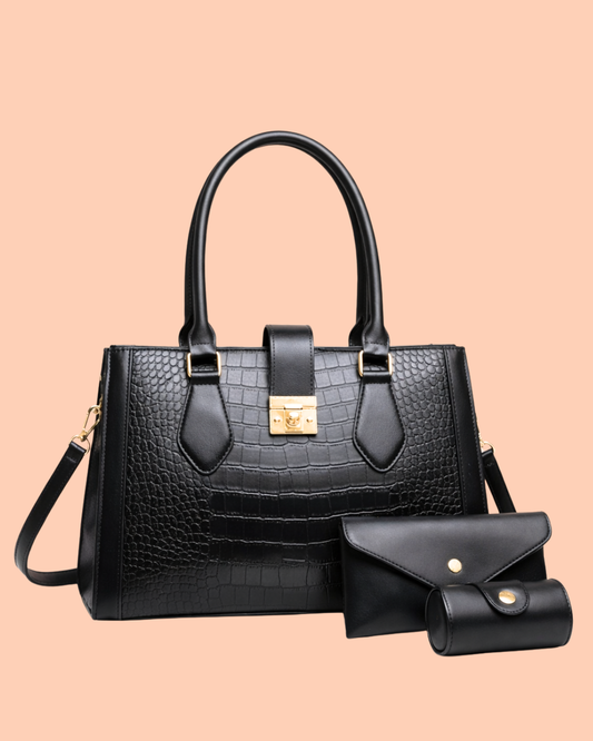 Luxuary  Croc Embossed Bag in shine Black  color