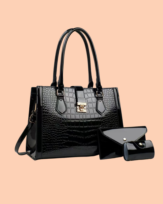 Luxuary  Croc Embossed Bag in shine Black  color